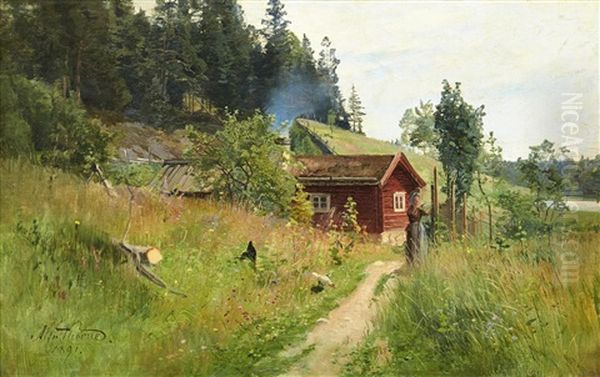 Sommaridyll Med Kvinna Vid Stuga - view 1
