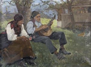 Altes Musizierendes Bauernpaar Unter Einem Baum by Ernst Breitenstein