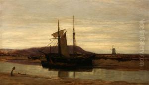 Beached Fishing Vessel With Windmill In The Distance by Charles Thornely