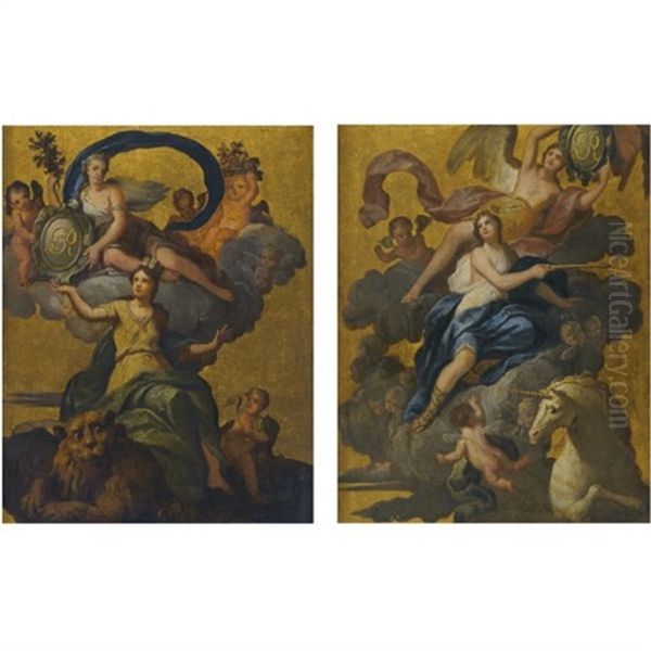 Classical Personifications Of England And Scotland Bearing Armorial Shields Monogramed With The King's Initials (pair) - view 1