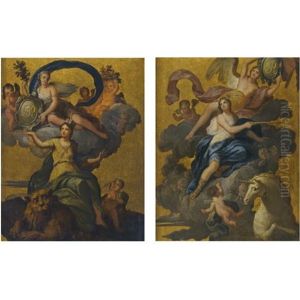Classical Personifications Of England And Scotland Bearing Armorial Shields Monogramed With The King's Initials (pair) by Sir James Thornhill