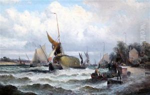 Shipping Along The Coast At Sunset And Hay Barge In An Estuary (pair) by Charles Thornley