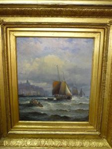 Fishing Boats Off A Harbour With A Lighthouse Nearby by Charles Thornley