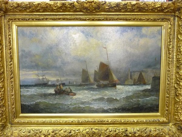 Fishing Boats Off A Coastline With Figures In A Small Boat - view 1