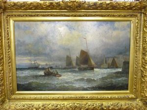 Fishing Boats Off A Coastline With Figures In A Small Boat by Charles Thornley