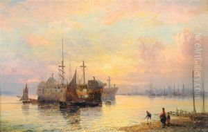Prison Hulks And Fishing Boats In An Estuary