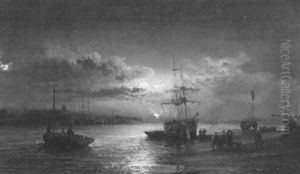 Fischer Und Boote Bei Einem Strand Im Mondlicht by Charles Thornley