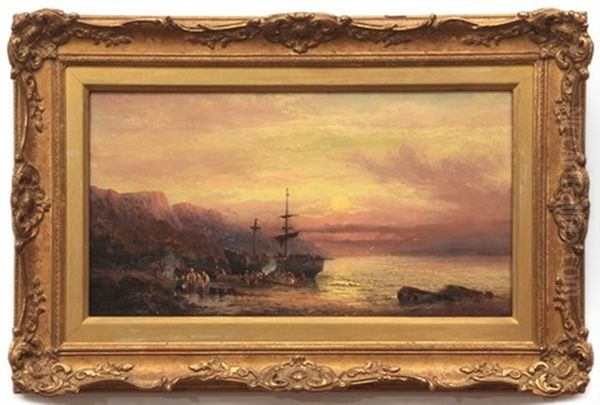 Coastal Scene With Fisher Folk At Sunset - view 1