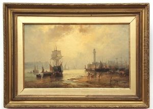 Fisher Folk At Whitby Harbour by Georges William Thornley
