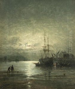 Moonlight On The Thames Near Benfleet', And Another Shipping Scene Possibly Off Dover; A Pair (2) by Georges William Thornley