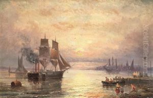 'a Misty Morning, Blackwall Reach'; Sunset Across The Harbour by William (Anslow) Thornley