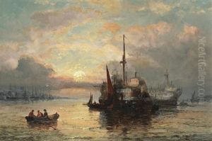 Fisherfolk On The Shore, Sunrise; Shipping Off The Coast, Sunset by William (Anslow) Thornley
