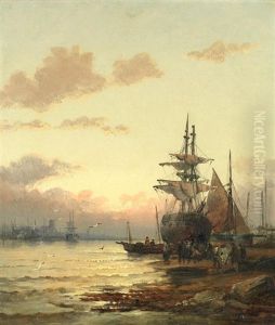 Fisherfolk On A Beach At Sunset by William (Anslow) Thornley