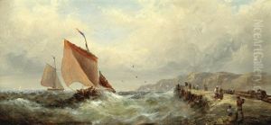 Shipping On A Blustery Day With Fisherfolk On A Jetty Looking On