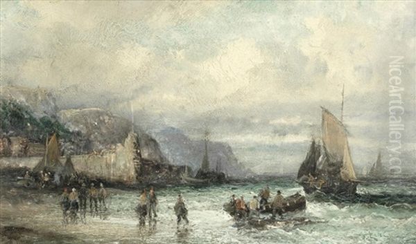 Fisherman And Boats In A Harbour; A Moonlit Harbour Scene - view 1