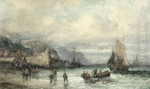 Fisherman And Boats In A Harbour; A Moonlit Harbour Scene by William (Anslow) Thornley