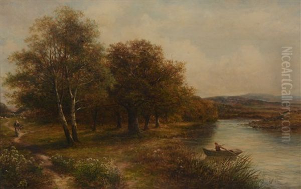 Country Pathway With A Figure And A Gentleman Rowing A Boat - view 1