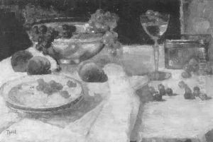 Stilleben Mit Glasschale, Obst, Teller Und Weinglas