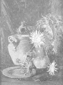 Stilleben Mit Silberdisteln, Tonkrug Und Teller by Rudolf Thost