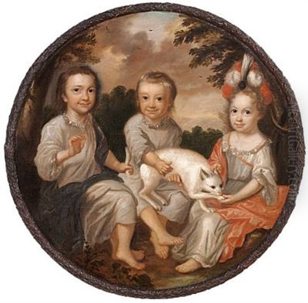 Three Siblings Of The Gyldenkrone Family Playing With A Cat - view 1