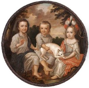 Three Siblings Of The Gyldenkrone Family Playing With A Cat by Jens Thrane the Younger