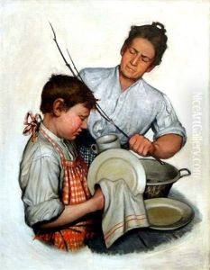 Three Siblings Of The Gyldenkrone Family Playing With A Cat by Leslie Thrasher