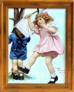 Three Siblings Of The Gyldenkrone Family Playing With A Cat by Leslie Thrasher