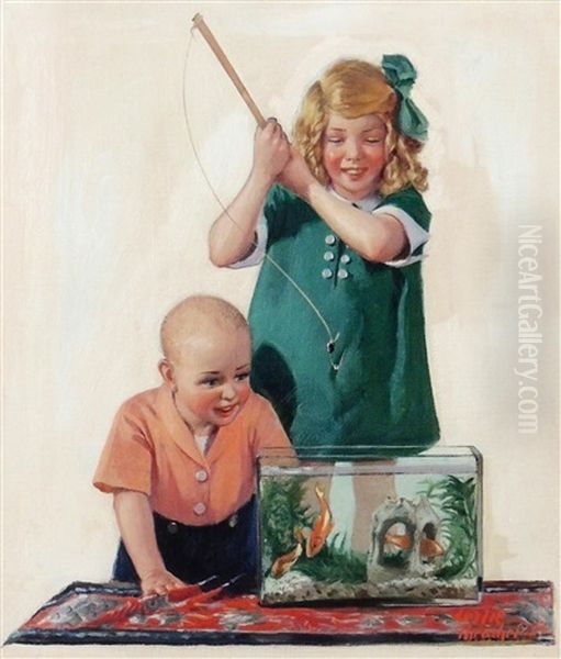 Three Siblings Of The Gyldenkrone Family Playing With A Cat - view 1