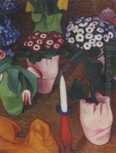 Stilleben Mit Kerze Und Zinnerarien by Hans Thuar