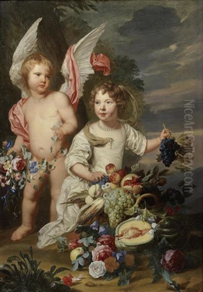 Portrait Of Two Children As Cupid And Ceres With A Still Life Of Fruit And Flowers - view 1