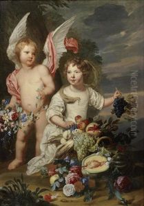 Portrait Of Two Children As Cupid And Ceres With A Still Life Of Fruit And Flowers