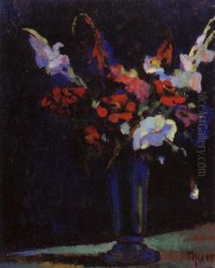 Gladiolen Und Anemonen In Blauer Vase by Erich Thum