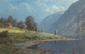 Norsk Fjordparti Med Hytte Ved Vandet by Peder Thurmann