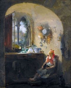 Madchen Mit Zwei Katzchen Am Offenen Fenster