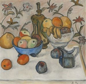 Oppstilling Med Krukker, Karaffel Og Frukt