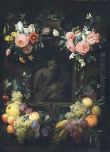 Vierge A L'enfant Dans Une Niche Entouree D'une Guirlande De Fleurs Et Fruits