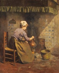 Interior Scene With A Girl Seated Beside A Fireplace Boiling A Kettle by Carolus Johannes Thysen