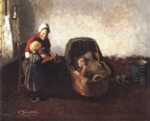 Mother And Children In A Cottage Interior by Carolus Johannes Thysen