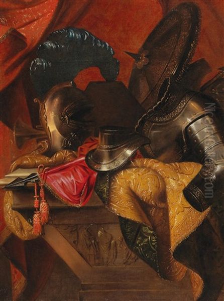 A Still Life With An Elaborately Decorated Helmet - view 1