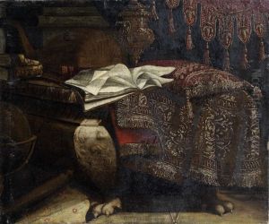 A Lute, Books And A Silver Gilt Cup And Cover On A Draped Stone Chest Before A Curtain by Antonio Tibaldi