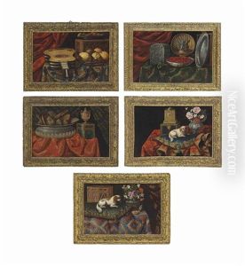 A Spaniel On An Embroidered Cushion, With A Pocket Watch And A Silver Vase With Flowers, On An Embroidered Cloth, On A Table (+ 4 Others, Similar; Set Of 5) by Antonio Tibaldi