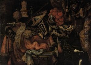 A Plumed Helmet, A Tilting Shield, A Mace And Other Arms And Armor On A Partly-draped Carved Marble Table, With A Hound