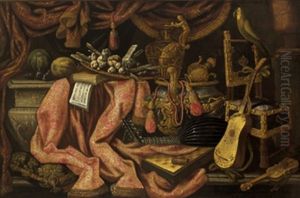 Natura Morta Con Tappeto, Tendaggi, Stumenti Musicali, Libri, Frutti, Dolciumi, Una Sedia E Un Pappagallo by Antonio Tibaldi