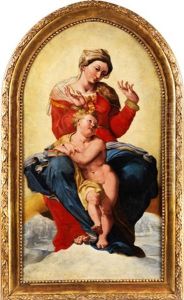Madonna Mit Dem Jesusknaben Auf Wolken Uber Landschaft Mit Gebauden Schwebend thumbnail
