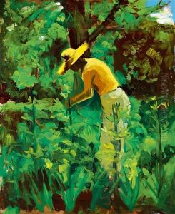 In The Sunny Garden (gardener With Straw Hat) by Erno Tibor