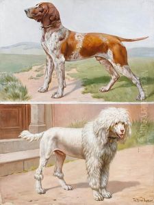 A German Pointer In A Landscape; A Standard Poodle By A Doorway by Theodor Breitwieser