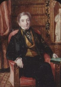 A Gentleman Wearing Black Suit, Ochre-coloured Waistcoat, Black Cravat With Gold Stickpin, He Holds A Green Covered Book, The Library Setting With Curtain...