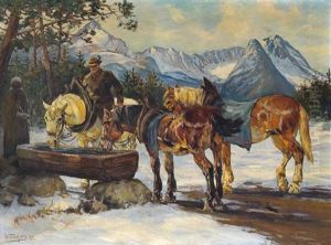 Fuhrleute In Winterlicher Landschaft Mit Ihren Pferden An Der Tranke, Im Hintergrund Das Wettersteingebirge by Willy Tiedjen