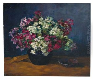 Blumenstilleben In Blauer Vase Neben Schale, Sonnig Beleuchtet Vor Dunkelblauem Hintergrund by Fanny Tiedjen-Bieber