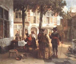 Figures Conversing Outside An Inn by Louis Tielemans